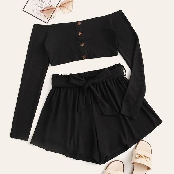 

Solid Button Front Crop Top & Belted Shorts