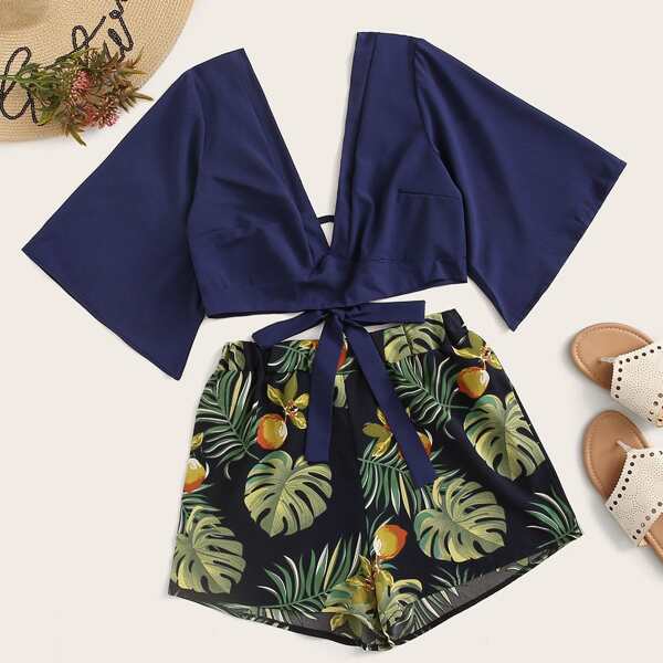 

Tie Back Plunging Neck Top & Tropical Print Shorts, Multicolor