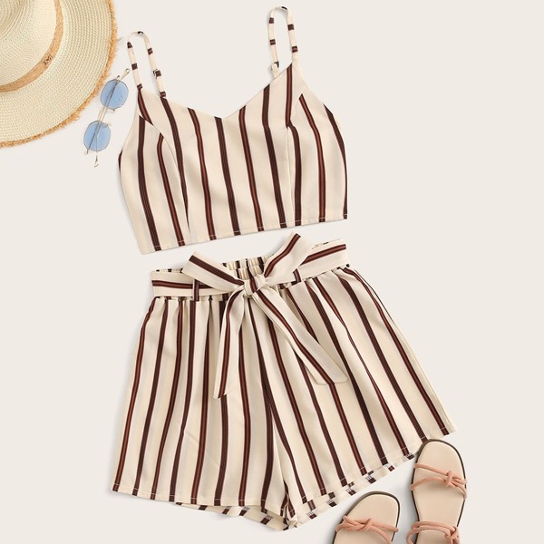 

Striped Shirred Back Cami Top & Belted Shorts