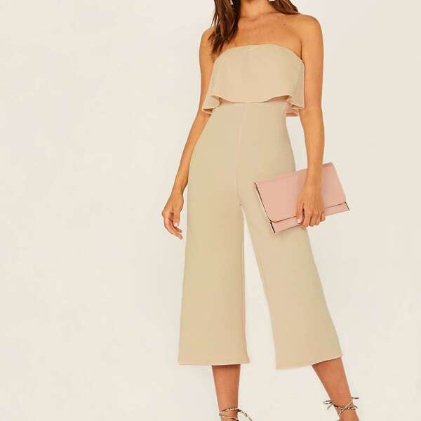 

Zip Back Ruffle Foldover Tube Jumpsuit, Beige pastel