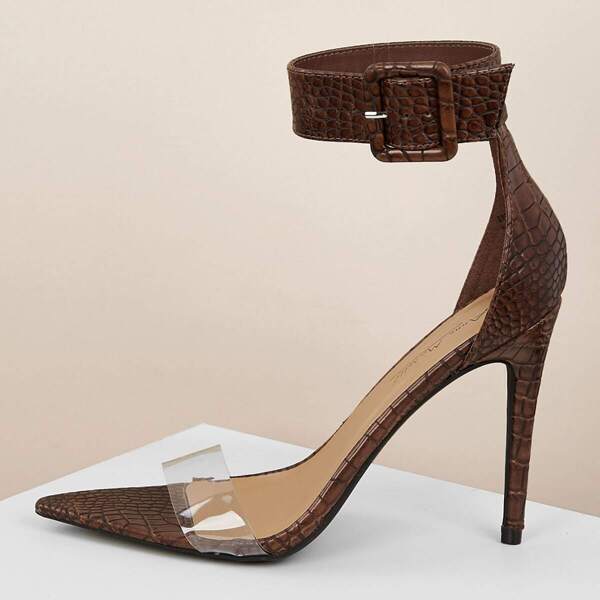 

PVC Band Crocodile Ankle Strap Stiletto Heels, Brown