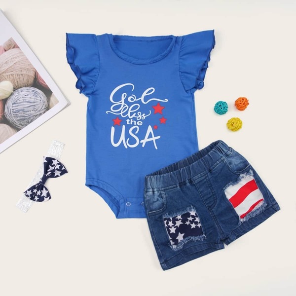 

Baby Girls Slogan Print Ruffle Sleeve Romper & Ripped Patched Denim Shorts