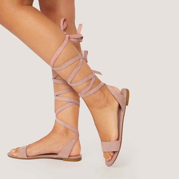 

Solid Band Ankle Wrap Flat Sandals, Pink pastel