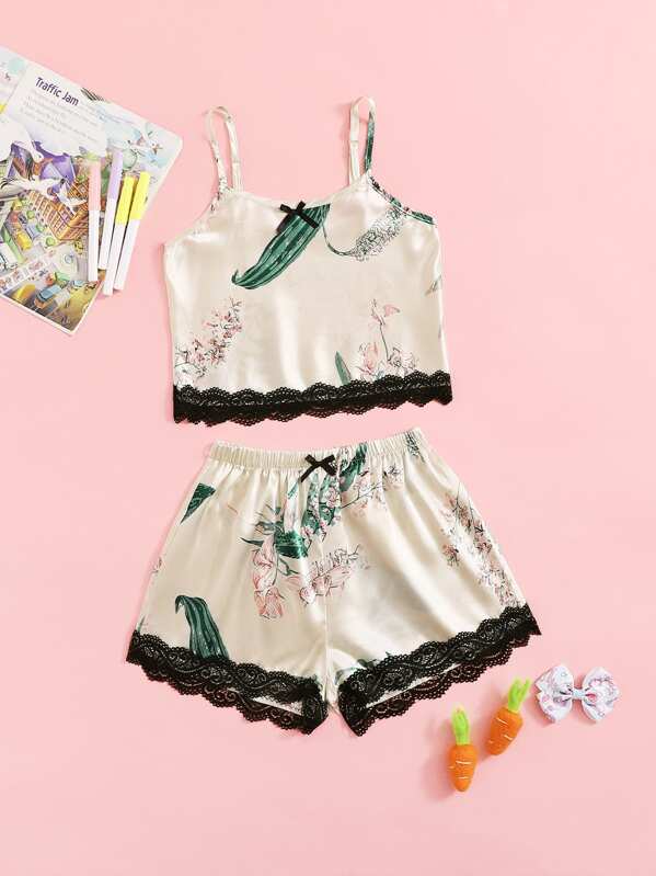 

Girls Floral Print Lace Hem Satin Cami PJ Set, Multicolor