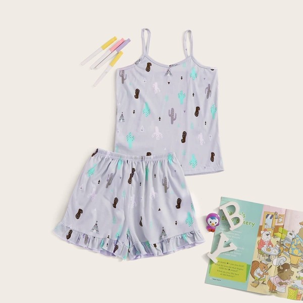 

Girls Cactus Print Ruffle Hem Cami PJ Set