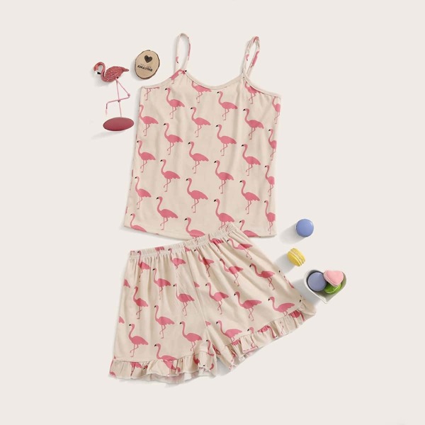

Girls Flamingo Print Ruffle Hem Cami PJ Set, Multicolor