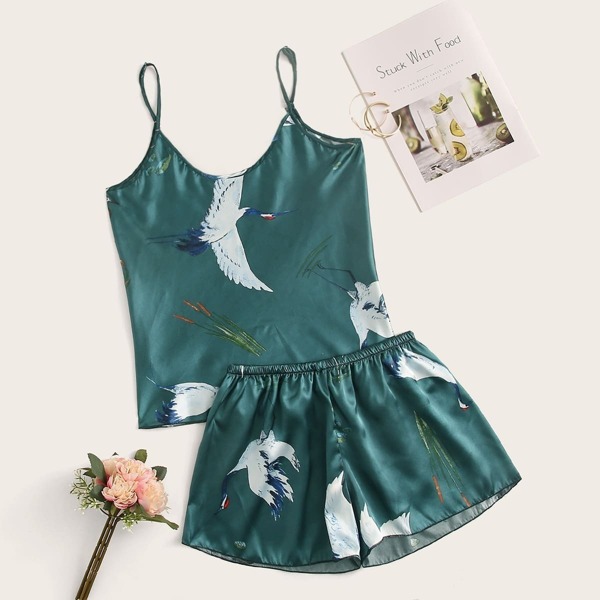 

Crane Print Satin Cami PJ Set