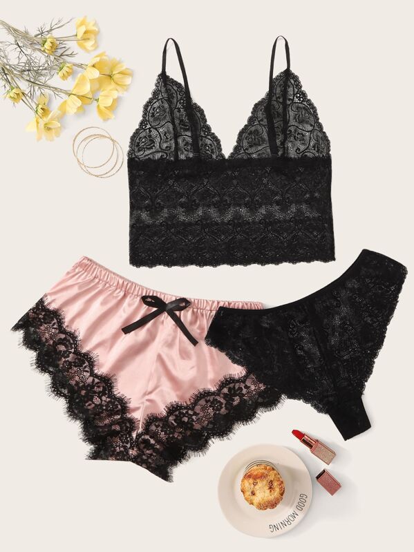 

Floral Lace Lingerie Set With Satin Shorts 3pack, Multicolor