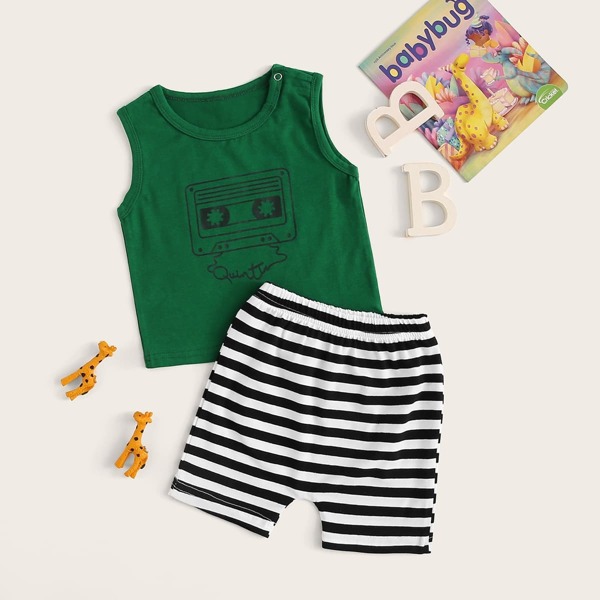 

Baby Cartoon Print Tank Top With Striped Shorts