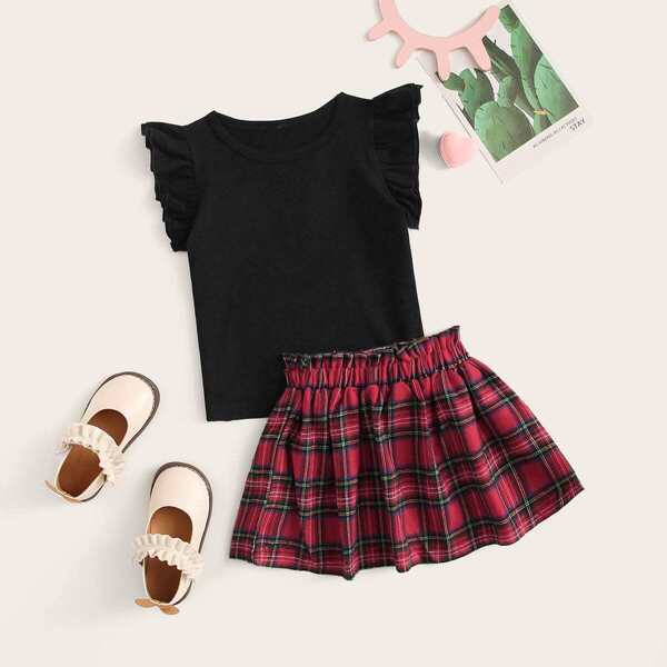 

Toddler Girls Ruffle Trim Tee With Tartan Frill Skirt