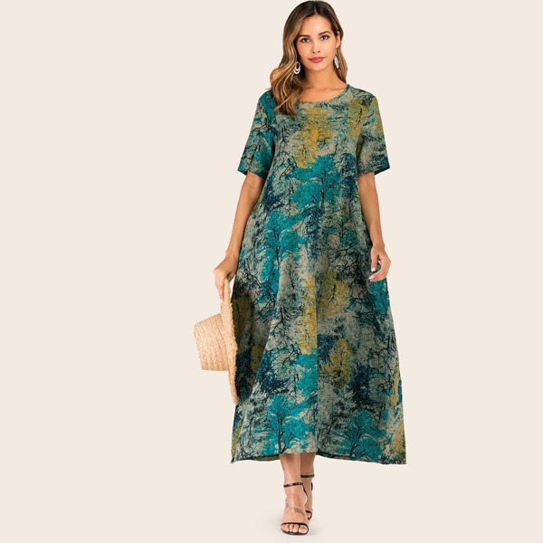 

Plants Print Hidden Pocket Tent Dress