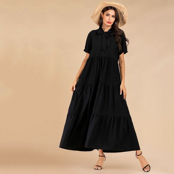 

Solid Tie Neck Ruffle Hem Longline Dress, Black