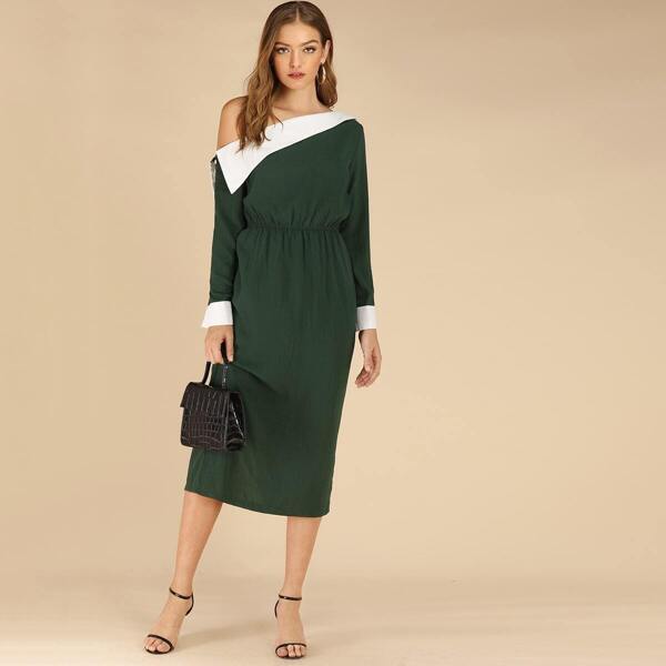 

Colorblock Ruched Waist One Shoulder Dress, Green