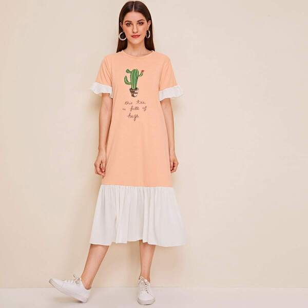 

Cactus & Letter Graphic Colorblock Ruffle Hem Tee Dress, Orange