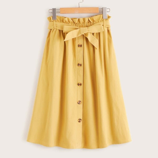 

Button Front Paperbag Waist Belted Skirt