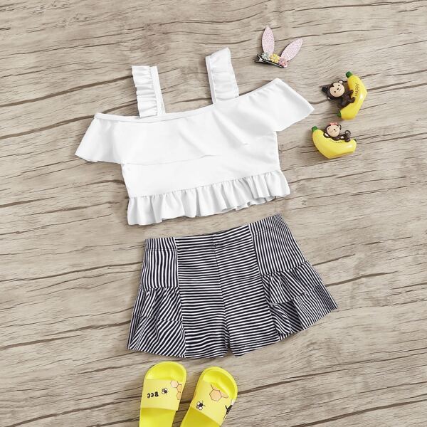

Girls Ruffle Trim Top With Shorts Bikini Set