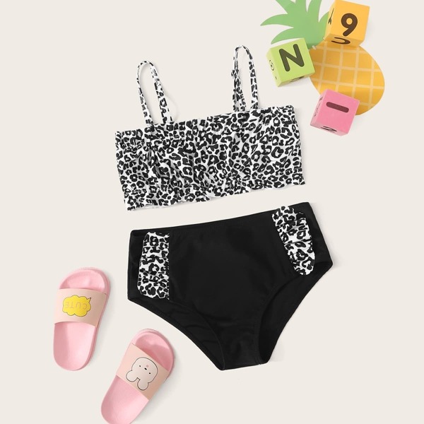 

Girls Leopard Top With Frill Trim Bikini Set