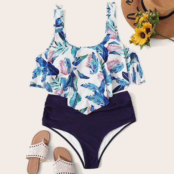 

Plus Tropical Hanky Hem Top With Ruched Bikini Set, Multicolor