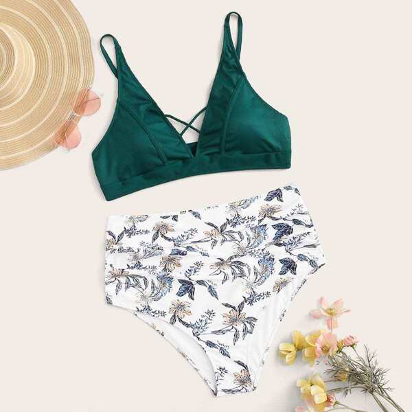 

Plus Criss Cross Top With Floral Bikini Set, Multicolor