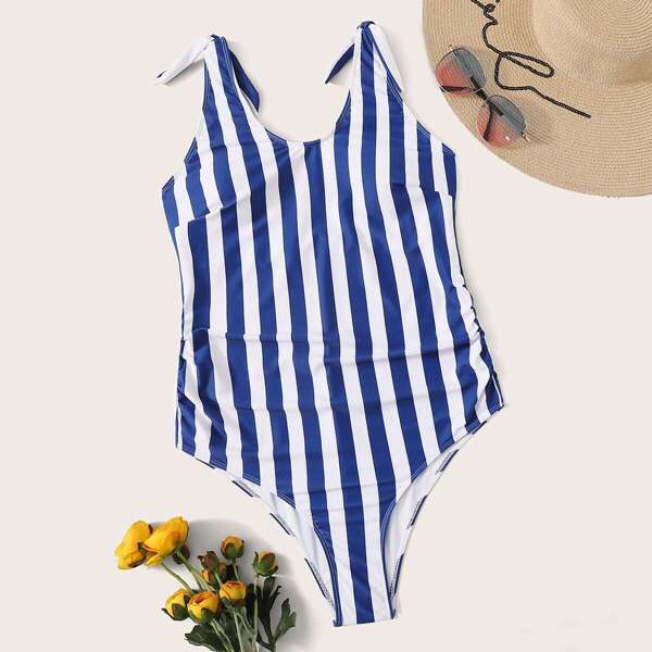 

Plus Striped Tie Shoulder One Piece Swimwear, Navy