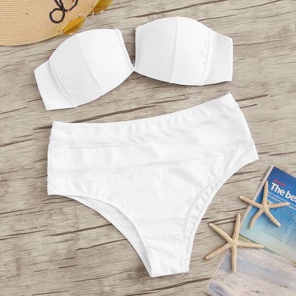 

Plus Bandeau With High Waist Bikini Set, White