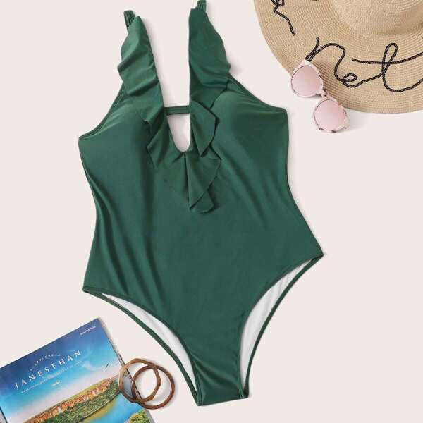 

Plus Ruffle Trim One Piece Swimwear, Army green