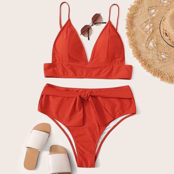 

Plus Triangle Top With Knot Front Bikini Set, Orange