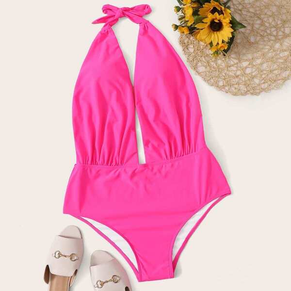 

Plus Neon Pink Cut Out Halter One Piece Swimwear, Pink bright
