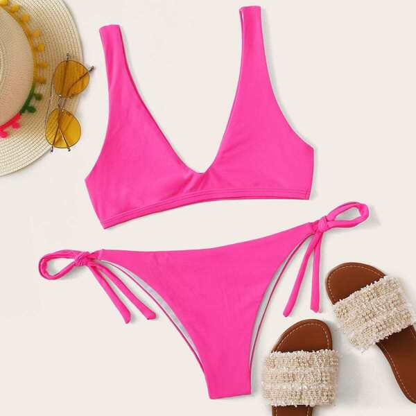 

Neon Pink Top With Tie Side Bikini Set