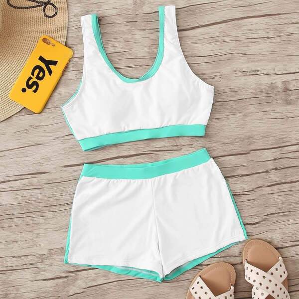 

Color Block Top With Shorts Bikini Set