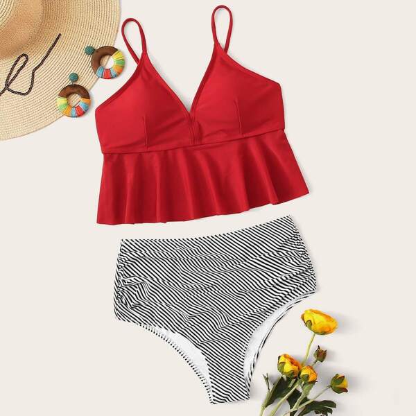 

Ruffle Hem Top With High Waist Tankini Set, Multicolor