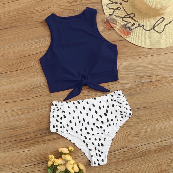 

Knot Hem Top With High Waist Bikini Set