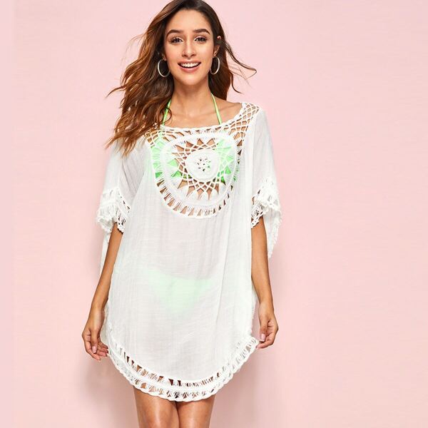 

Cut-out Crochet Detail Curved Hem Cover Up