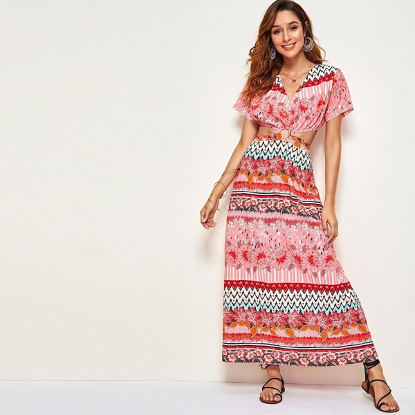 

O-ring Cut-out Waist Mixed Print Dress