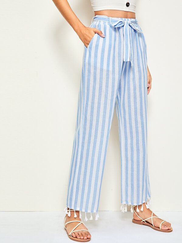 

Striped Tassel Detail Belted Pants, Blue, Gabi B