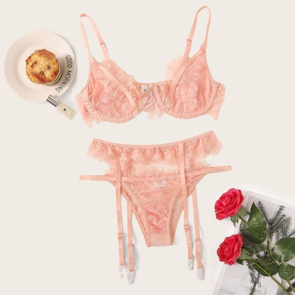 

Floral Lace Underwire Garter Lingerie Set