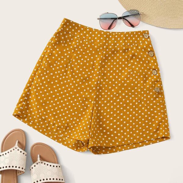 

High Waist Button Side Dot Shorts, Yellow
