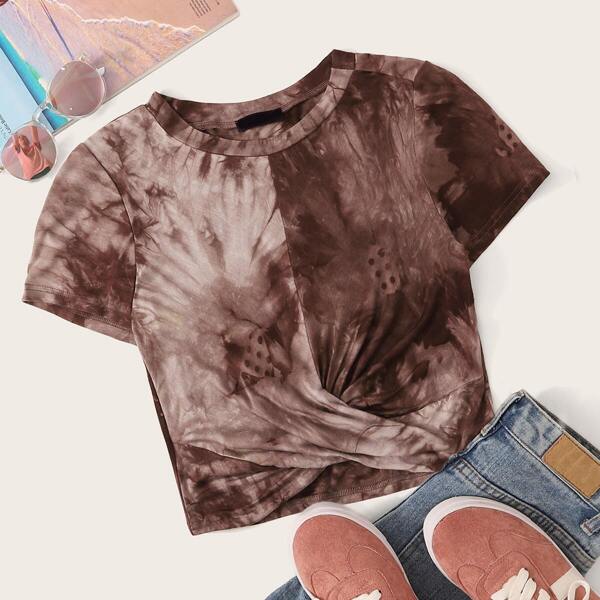 

Twist Front Round Neck Tie Dye Top, Brown