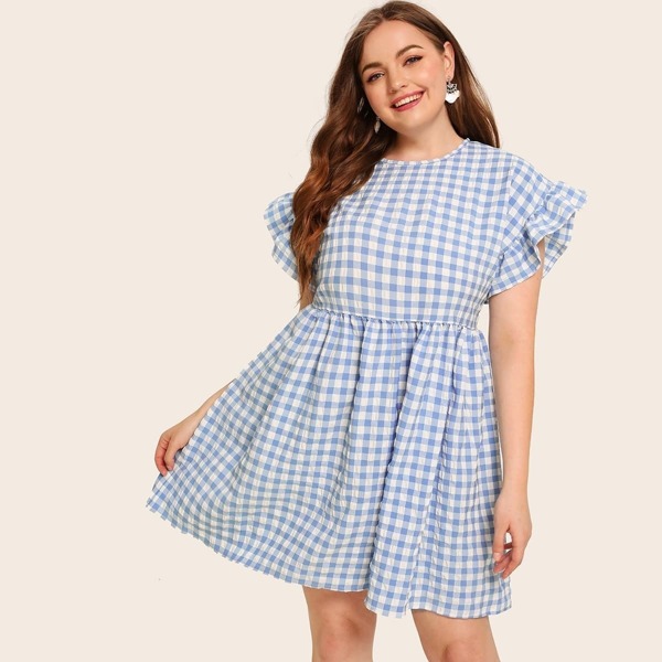 

Plus Gingham Flounce Sleeve Smock Dress