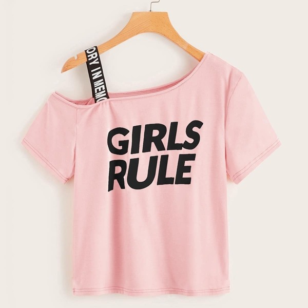 

Slogan Graphic Asymmetrical Neck Tee, Pink
