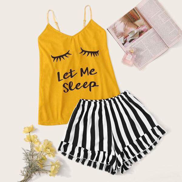 

Eyelash & Slogan Graphic Striped Cami PJ Set, Multicolor