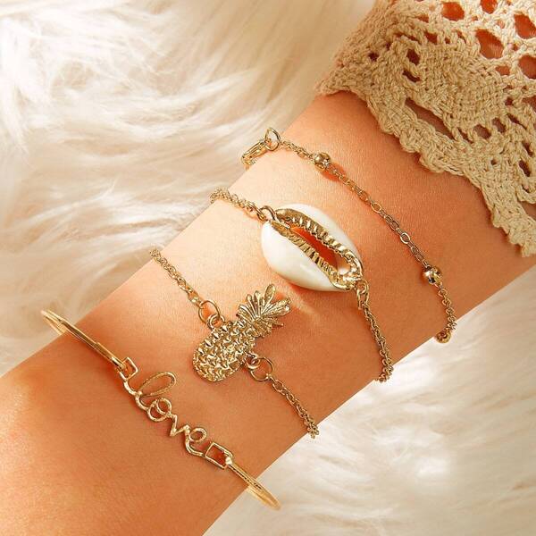 

Shell & Pineapple Decor Chain Bracelet 4pcs