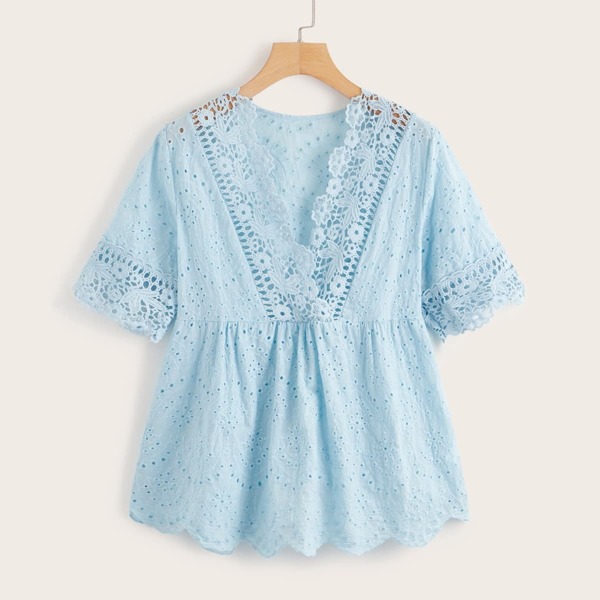 

Eyelet Embroidery Lace Panel Smock Blouse, Blue