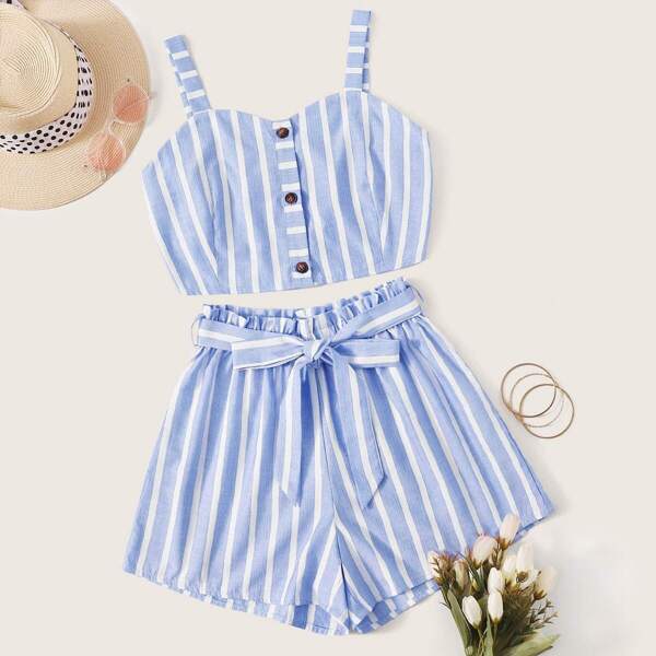 

Striped Button Front Cami Top & Belted Shorts, Blue