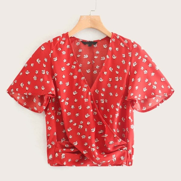 

Ditsy Floral V-neck Surplice Blouse, Red