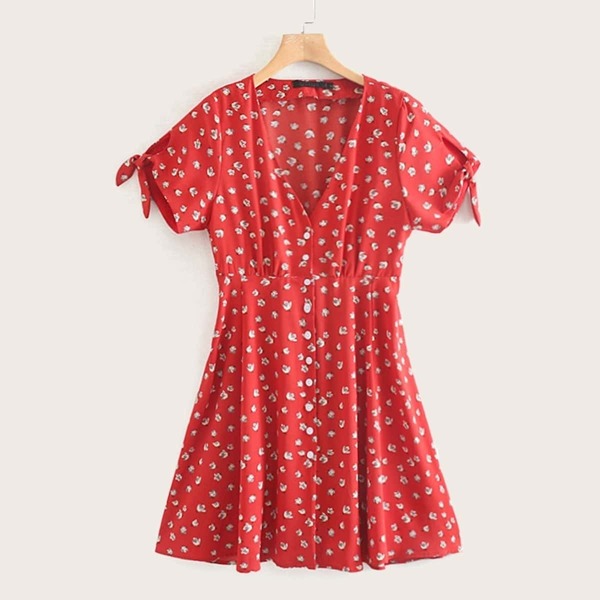 

Ditsy Floral V-neck Knot Cuff Shirred Dress