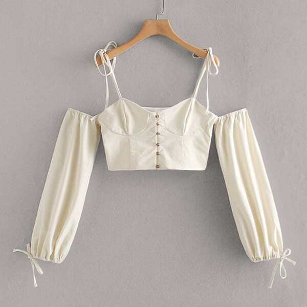

Gathered Bust Cold Shoulder Button Front Cami Top