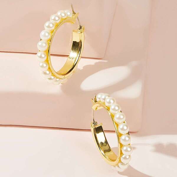 

Faux Pearl Design Hoop Earrings 1pair