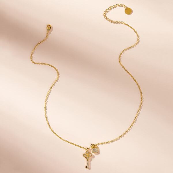 

Key & Lock Charm Chain Necklace 1pc, Gold