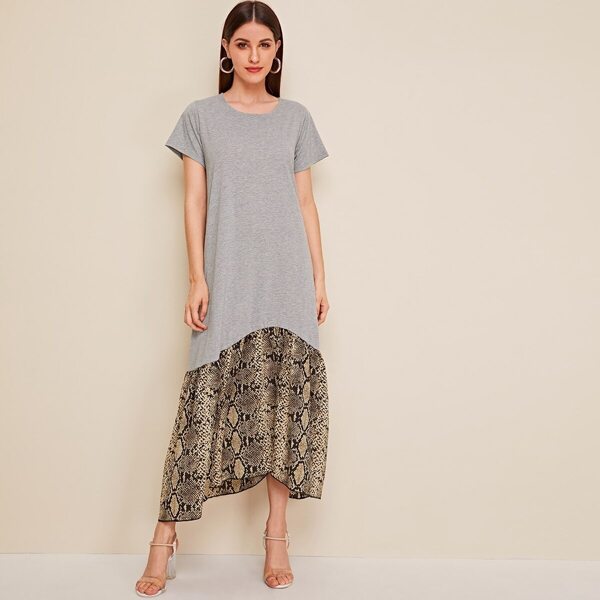 

Snakeskin Print Contrast Ruffle Hem Dress